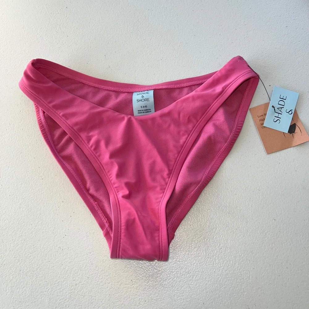 NWT Shade & Shore Pink Bikini Bottom Low Rise High Leg‎ Medium Coverage Small